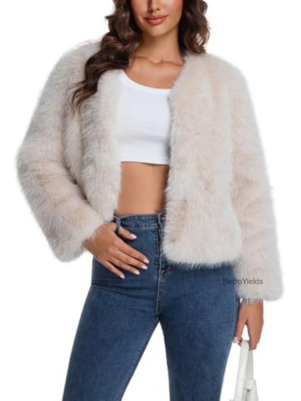 Women's Cropped Faux Fur Jacket Open Front Fluffy Warm Winter Coat Casual